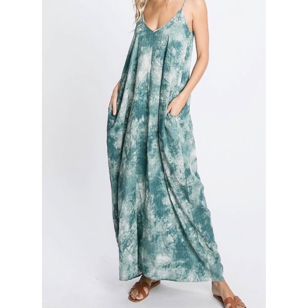 Teal Tie Dye Maxi Dress Spaghetti Strap V-Neck Boho Oversized Pocket Sun Dress
